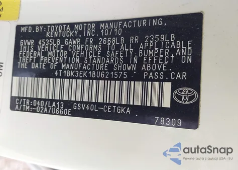 2011 Toyota Camry Xle V6 from USA, damaged, VIN 4T1BK3EK1BU621575